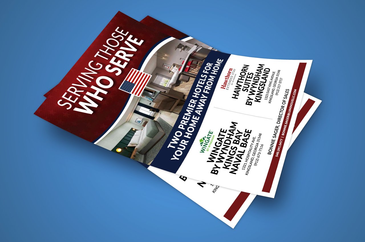 A flyer advertising hotels for home away from home stays. It features a large red header with white text, a small American flag, a photo of a hotel room, and details for two locations: Hawthorn and Wingate by Wyndham in King County, Washington.