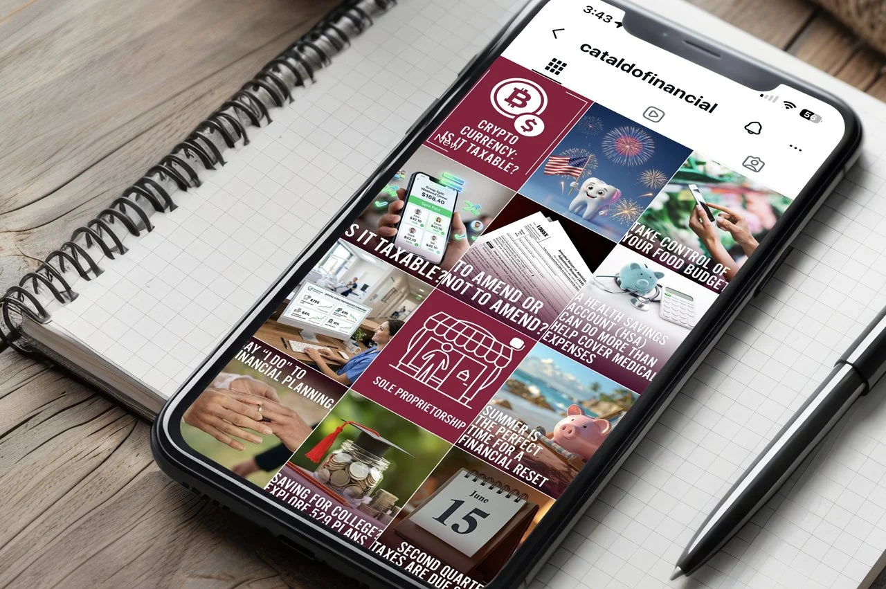 Smartphone displaying a Cataldo Financial's Instagram with articles about finance, cryptocurrency, medical expenses, tax planning, and savings, resting on a spiral-bound notebook with a pen on a wooden surface.