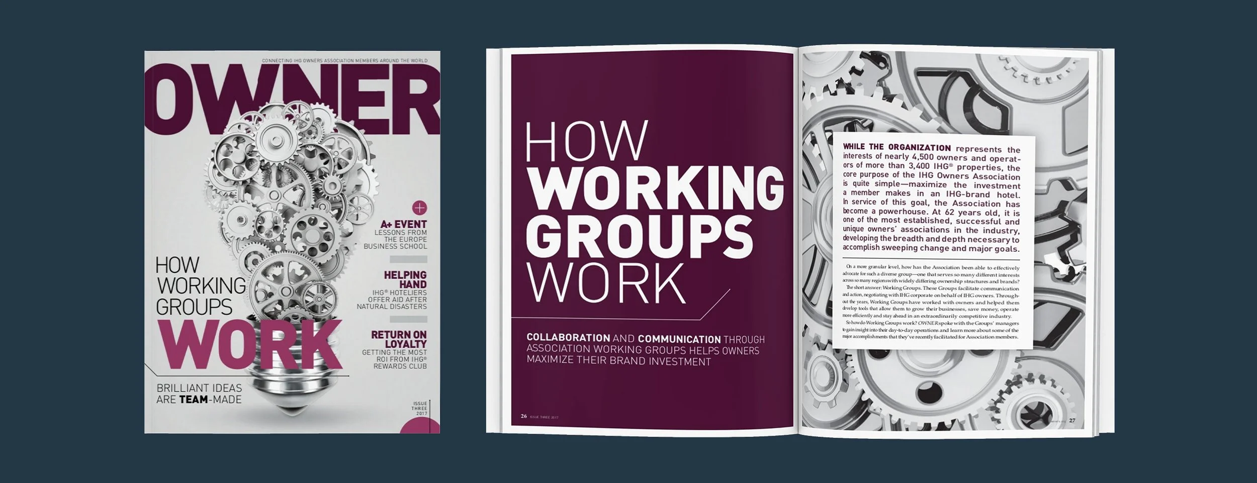 Cover and spread for 'Owner' Magazine on how working groups operate, featuring gears and cogs, with articles on collaboration, loyalty, and industry success.