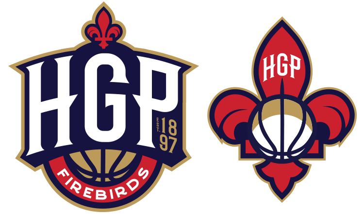 Holy Ghost Prep Basketball Logos, one with text 'HGP' and 'Firebirds' and the other with stylized fleur-de-lis and a basketball design.