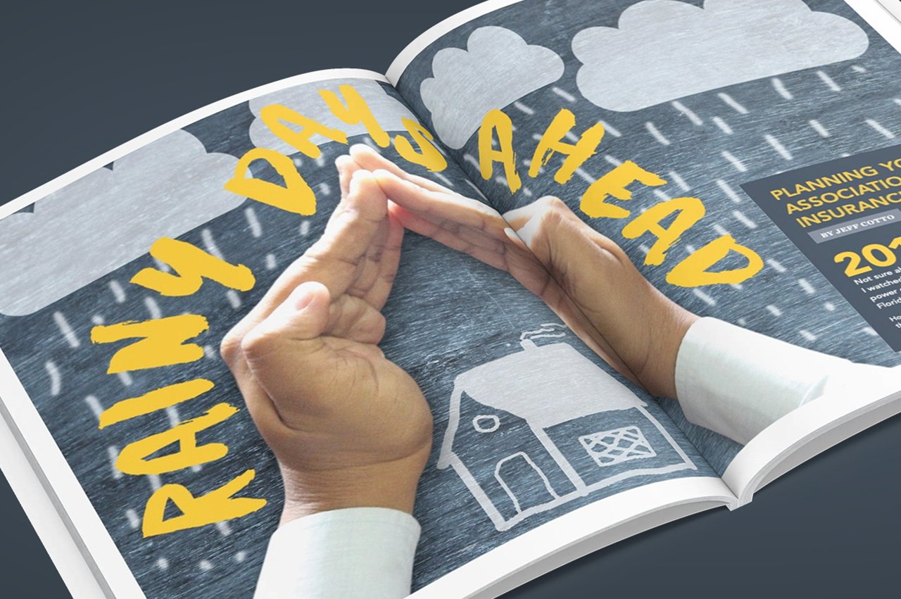 Condo Media magazine spread featuring a 'Rainy Day & Ahead' weather article with cloud illustrations and hands forming a heart.
