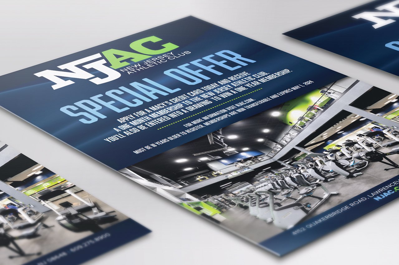 Flyer for New Jersey Athletic Club special offer, featuring an interior photo of a gym with exercise equipment, and information about applying for a membership card.