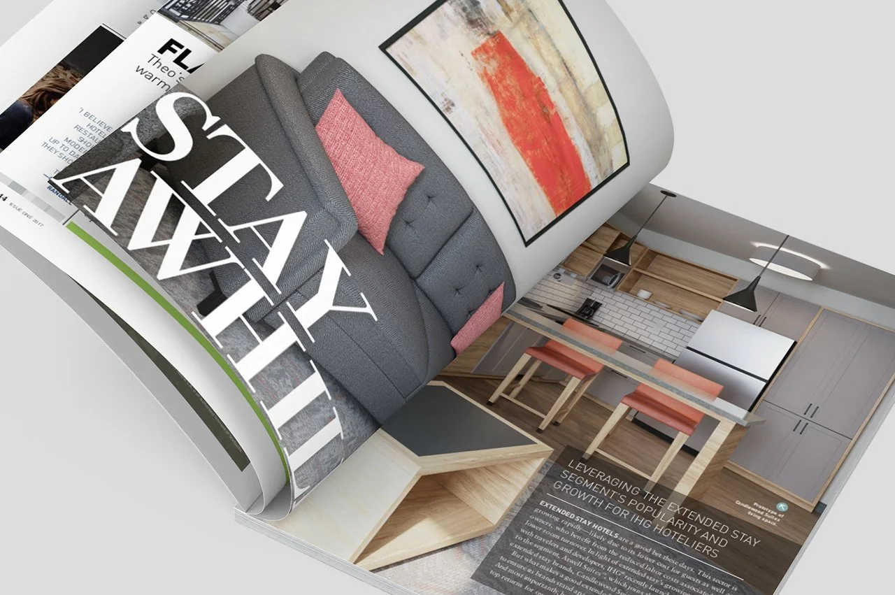 'Owner' magazine spread showing a modern hotel room and kitchen interior with a gray couch, pink pillows, abstract artwork, wooden furniture, and kitchen appliances
