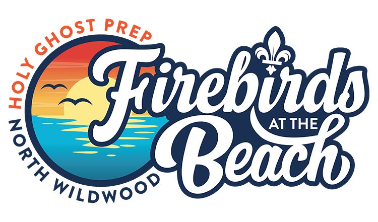 Logo for Firebirds at the Beach featuring a sunset, ocean waves, seagulls, and a fleur-de-lis symbol.