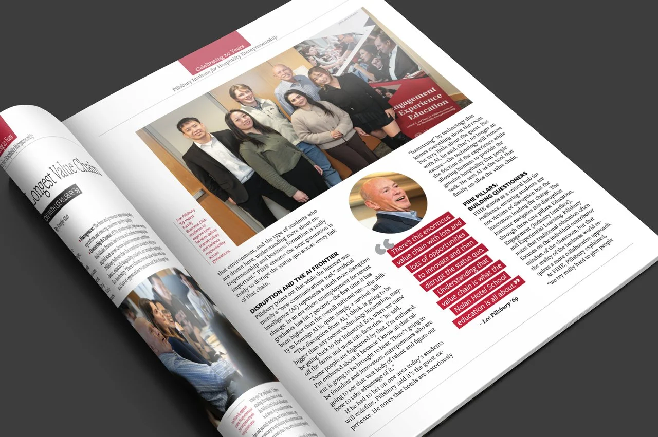 Magazine insert featuring an article on hospitality entrepreneurship, including a group photo of diverse students and a portrait ofLee Pillsbury.
