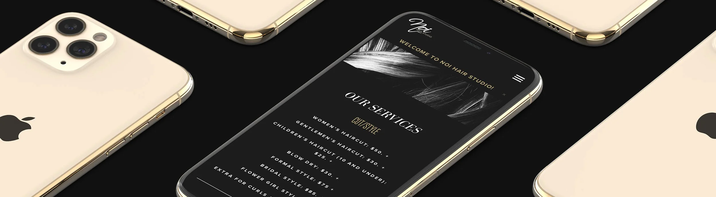 Multiple iPhones with gold and white finishes surrounding a smartphone displaying a hair studio website, all set against a black background.