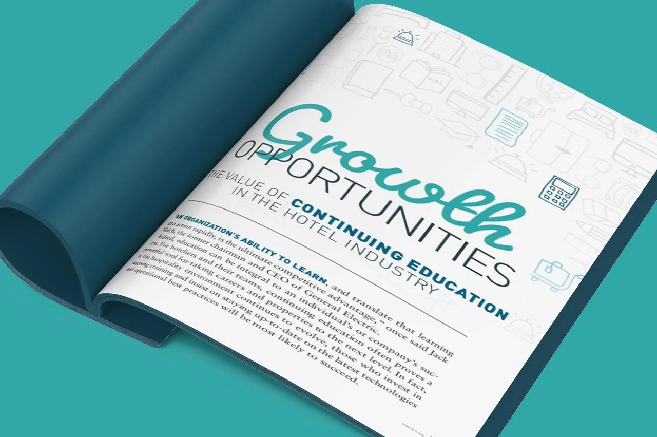 Open magazine or brochure with the title 'Grough Opportunities' and a subtitle 'Continuing Education in the Hotel Industry.' The page features outlines of various objects related to education and hospitality in the background.