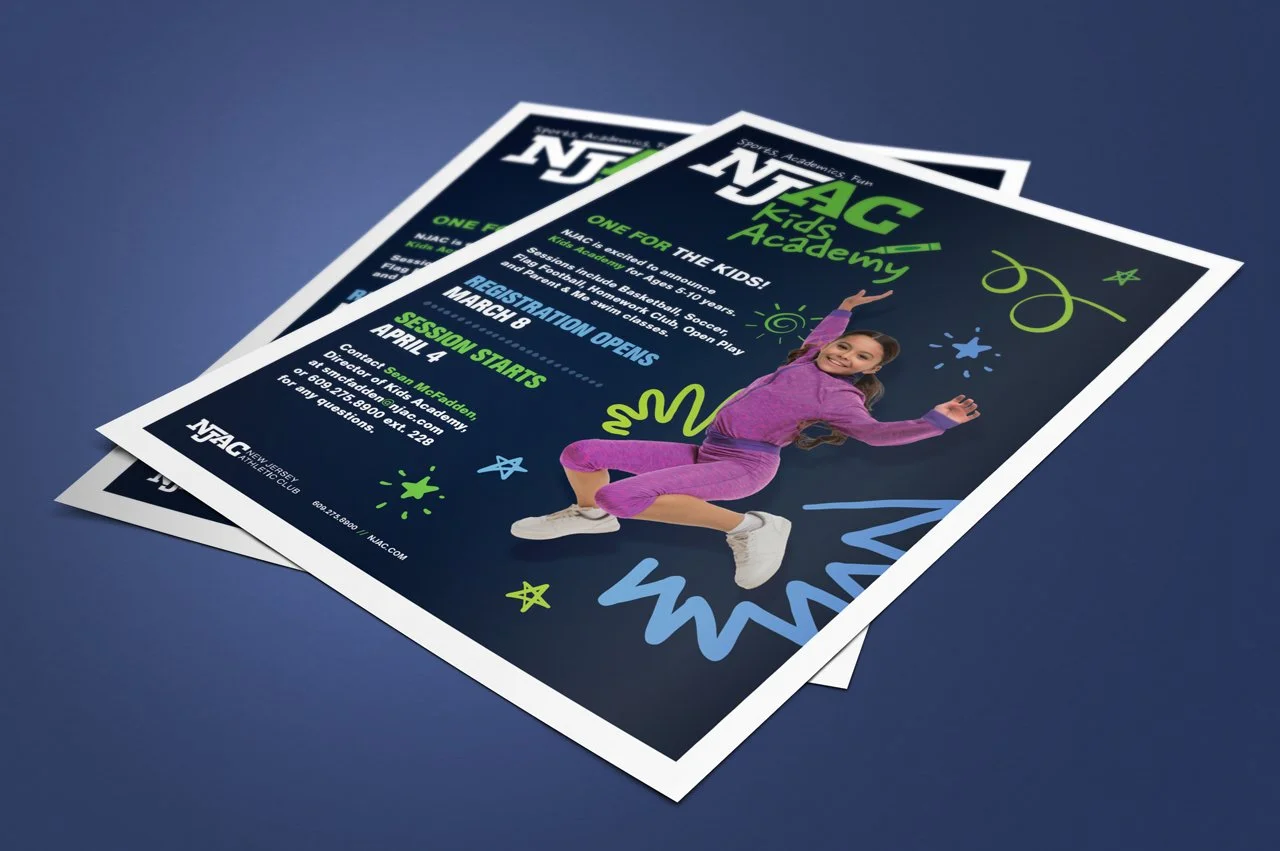 Flyer advertising NAC Kids Academy for children ages 5-10, with information about registration opening, featuring a smiling girl in a pink outfit jumping with colorful doodles and text.