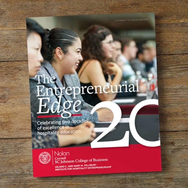 A Cornell University booklet titled 'The Entrepreneurial Edge 20' featuring a smiling group of hospitality professionals.