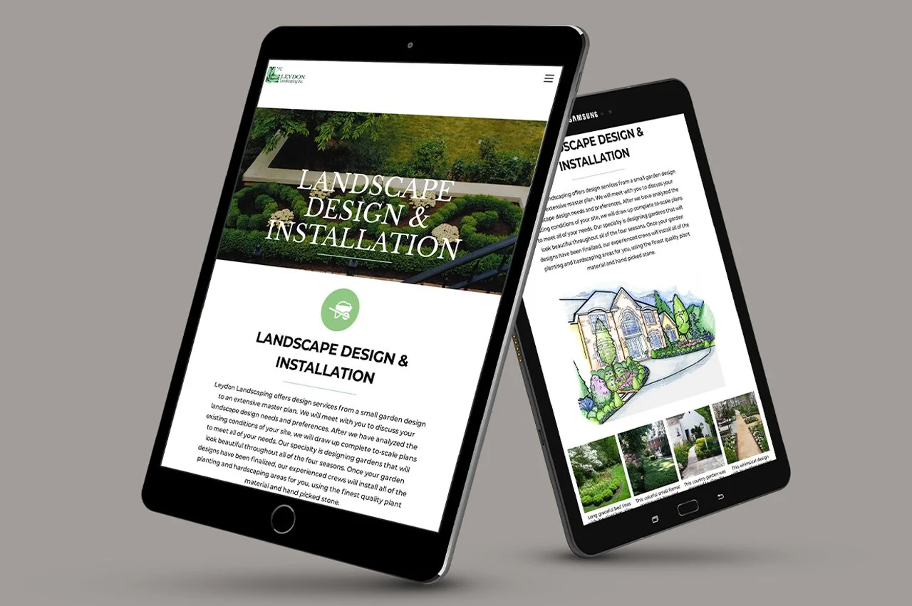 Two tablets displaying Leydon Landscaping's website pages, showcasing garden design, plant installations, and landscape architecture.