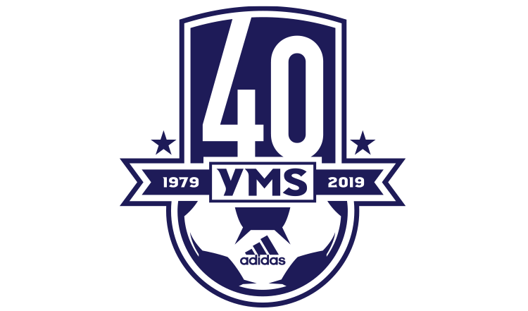 40th anniversary logo of YMS, a soccer club in Yarldey, PA, with Adidas branding, featuring a shield shape, the years 1979 and 2019, and a soccer ball