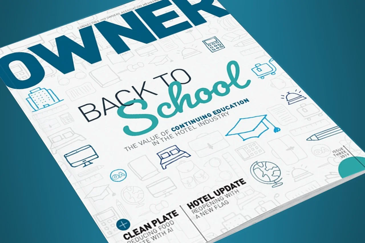 OWNER Magazine cover with a headline of 'Back to School' with graphics related to education and hospitality industry, such as a graduation cap, globe, bed, and computer.