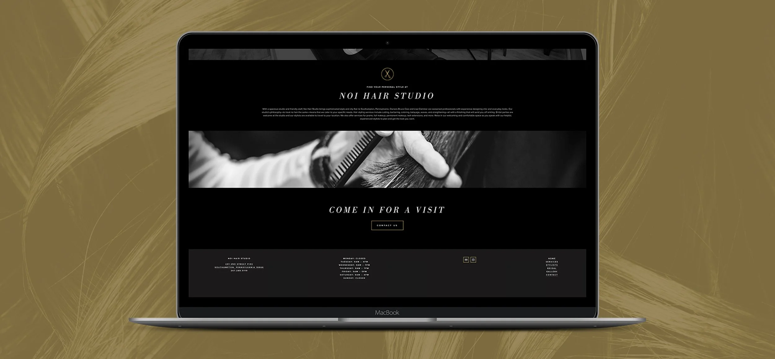 Laptop screen displaying a website for Noi Hair Studio, featuring sections about services, stylist, gallery, and contact information, with a black background and white text, set on a gold-colored surface.