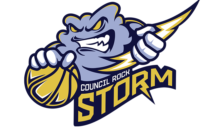 A cartoon storm cloud with an angry face, clenched fists, and a lightning bolt, representing the Council Rock Storm basketball club logo.
