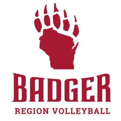 A red-colored badger paw print above the word 'BADGER' in bold, with 'REGION VOLLEYBALL' written underneath, all in red on a white background.