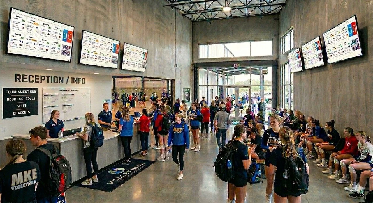 A busy indoor sports facility reception area with many athletes and spectators. Some are sitting, others standing in line, and a few are scanning on their phones. The reception desk has staff members, and multiple large screens display tournament information and schedules. The space has a high ceiling, large windows, and concrete walls.