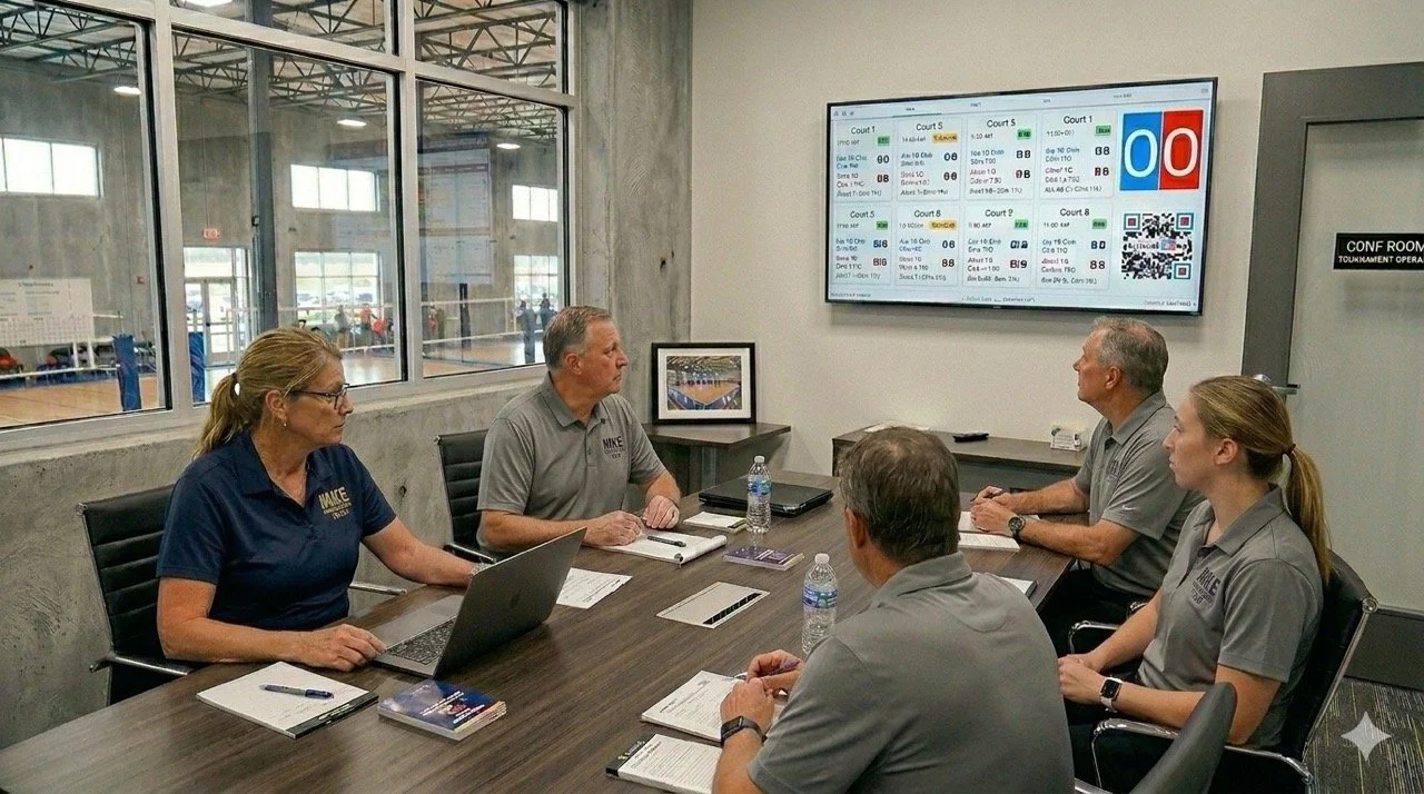 A group of five people sitting around a conference table in a gym or sports arena, watching a scoreboard on a large wall-mounted screen.