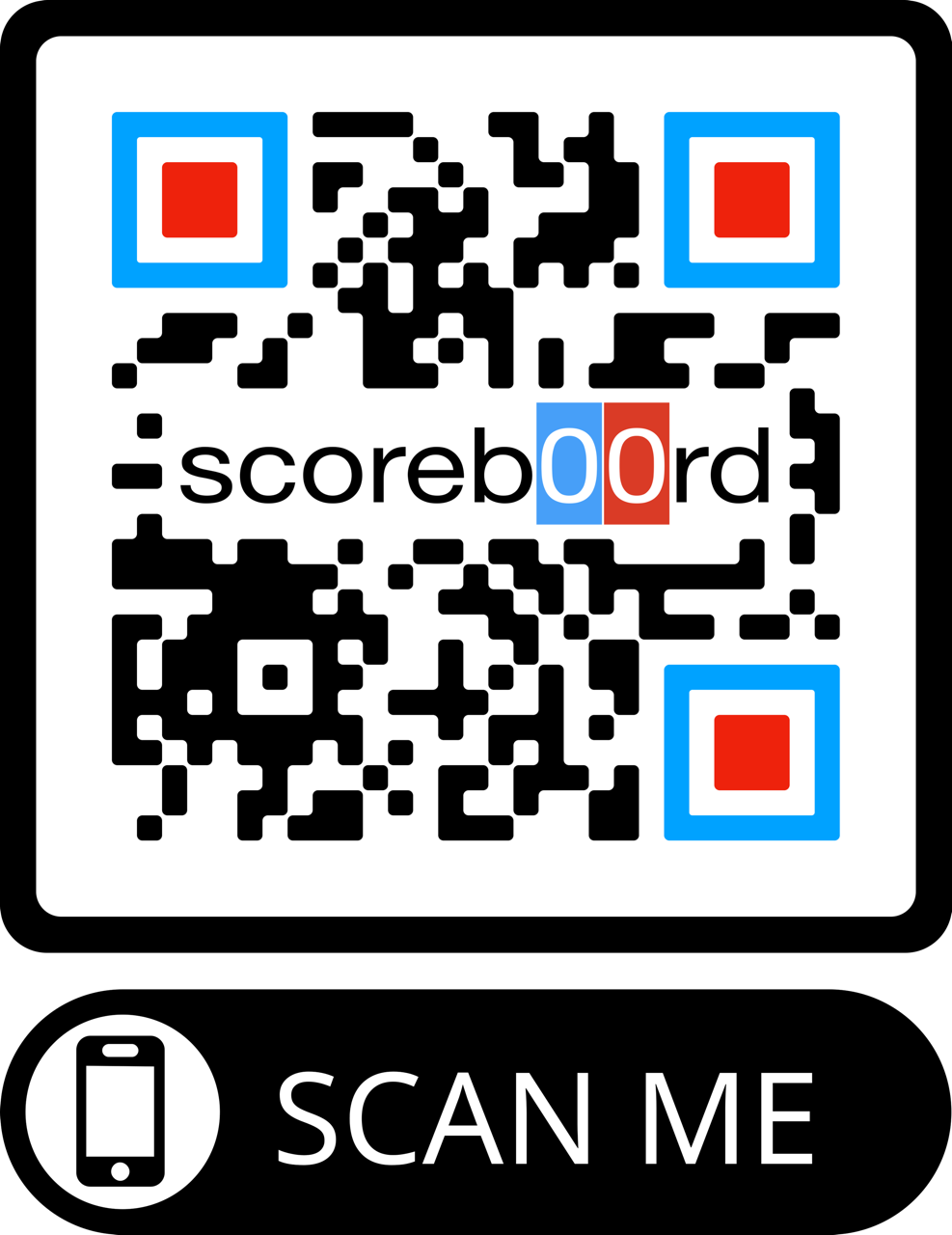 QR code with the logo 'scoreb00rd' in the center, surrounded by blue and red accents.