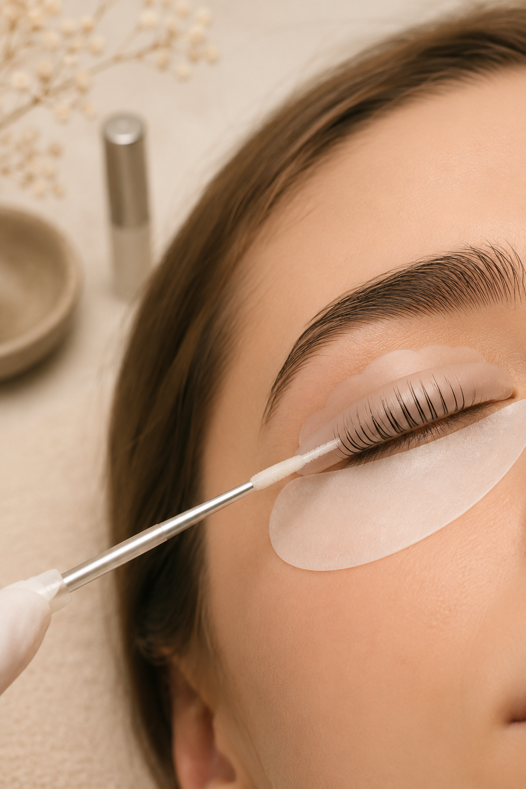Pessoa recebendo aplicação de alongamento de cílios, deitada com olhos fechados, com faixa de proteção sob o olho.
