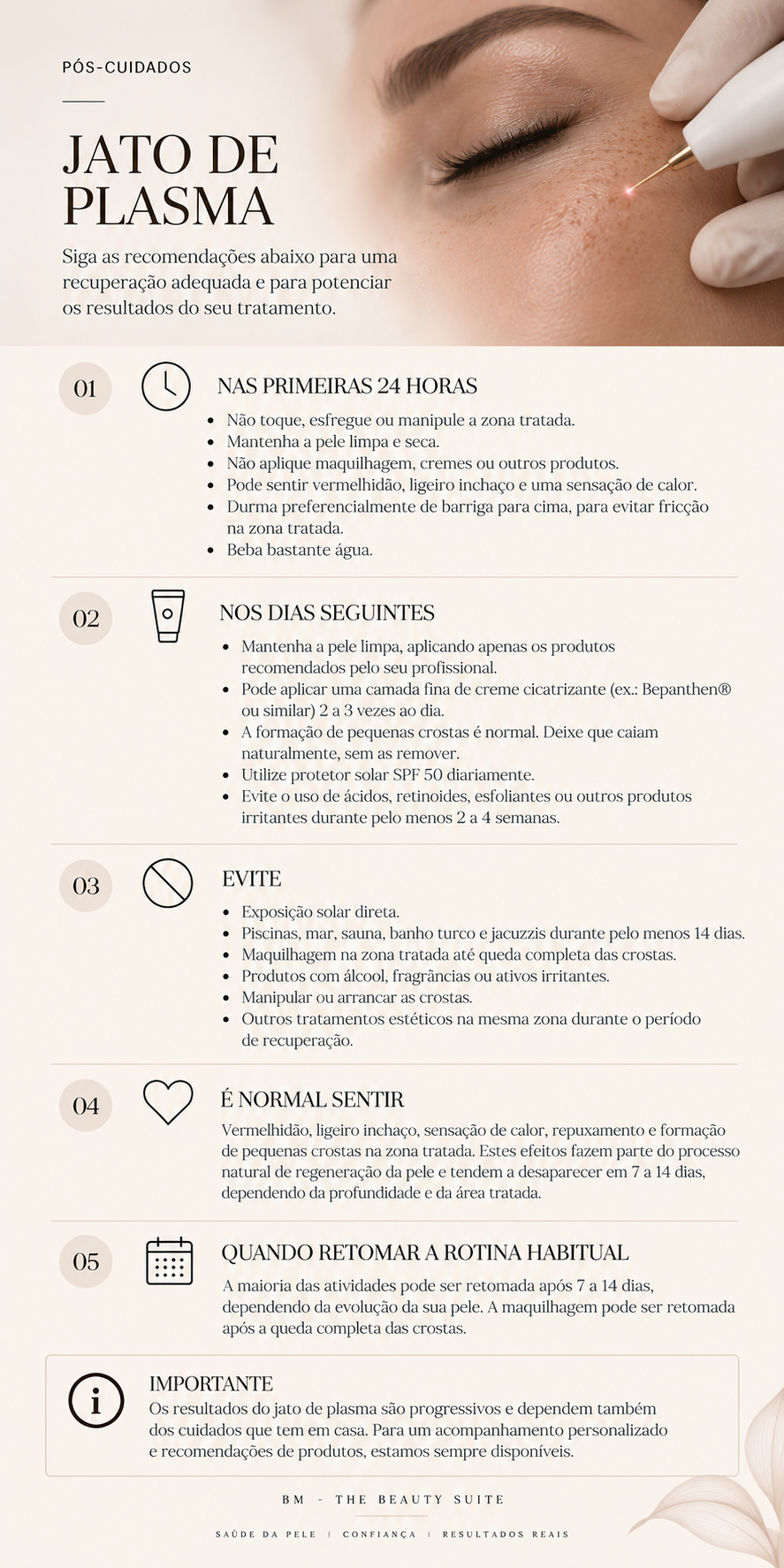 Instruções sobre cuidados pós-tratamento de jato de plasma, incluindo recomendações para as primeiras 24 horas, dias seguintes, dicas para evitar complicações, sinais de normalidade, quando retomar a rotina habitual e informações importantes.