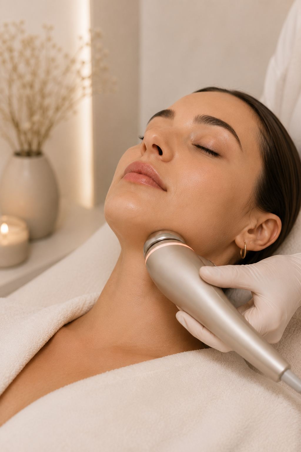 Mulher recebendo tratamento facial com equipamento de estética em ambiente relaxante.