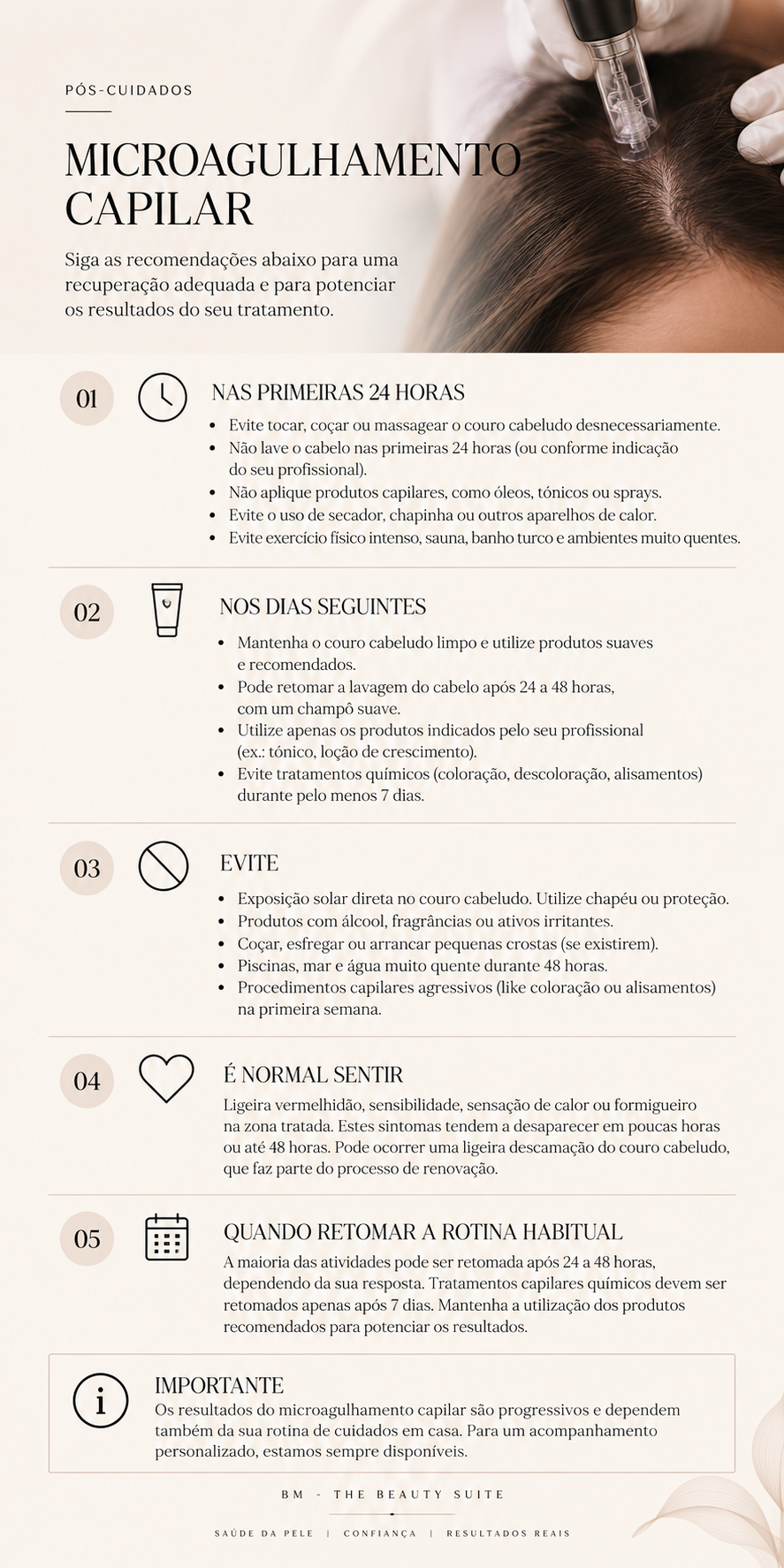 Instruções para microagulhamento capilar, incluindo cuidados nas primeiras 24 horas, alimentação nos dias seguintes, evitar exposição solar e procedimentos agressivos, e recomendações para retomar a rotina.