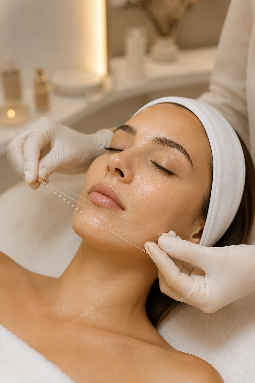 Mulher recebendo tratamento facial com fios de seda na clínica de estética