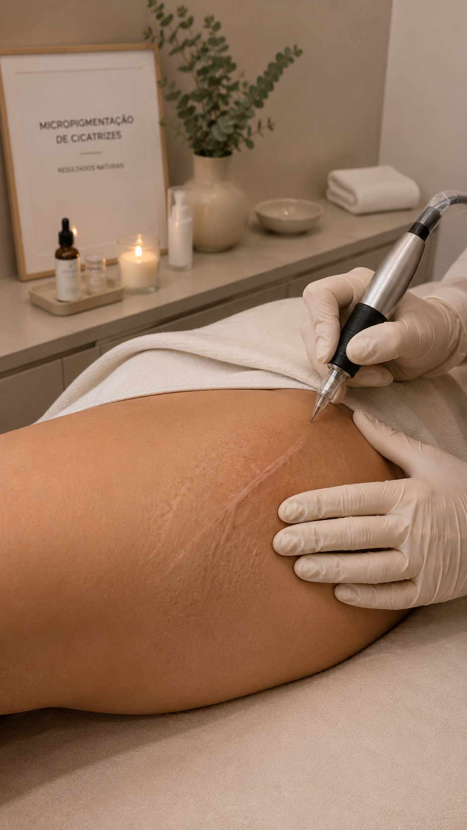 Tratamento de microagulhamento de cicatrizes, com uma agulha sendo usada na pele de uma pessoa deitado. Ao fundo, uma mesa com uma placa que diz "Micropigmentação de Cicatrizes" e alguns itens de spa ou estética, como velas, plantas e toalhas.