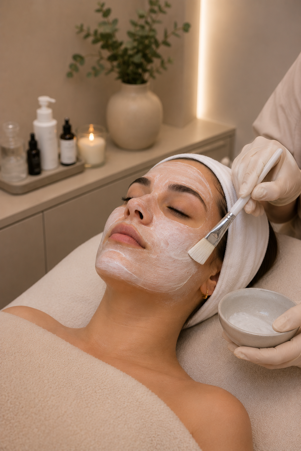 Mulher recebendo tratamento facial com máscara em spa, de olhos fechados, com produtos de skincare na mesa ao fundo.