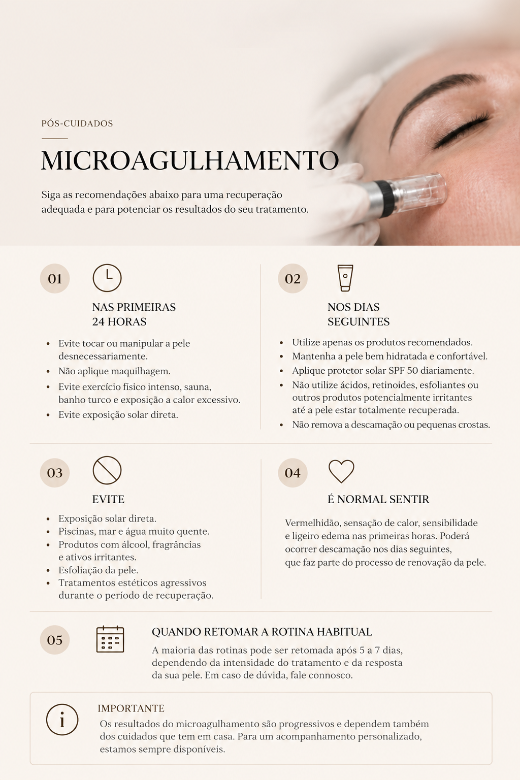 Guia de cuidados pós-microagulhamento facial, com recomendações em texto e uma imagem de uma pessoa recebendo tratamento na pele com um dispositivo de microagulhamento.