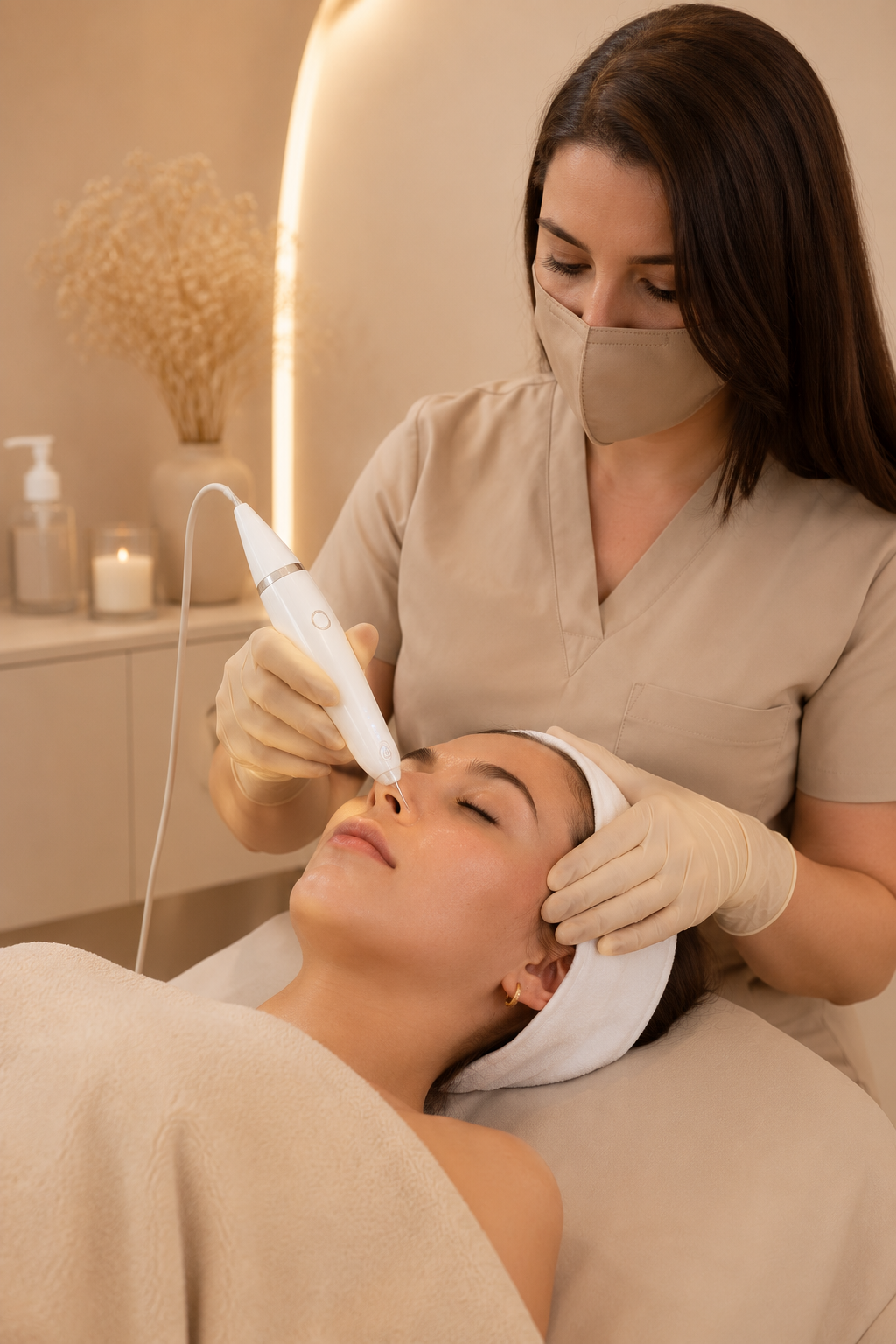 Profissional realizando um procedimento de tratamento facial com aparelho elétrico em uma mulher com touca branca, em ambiente de clínica de estética.