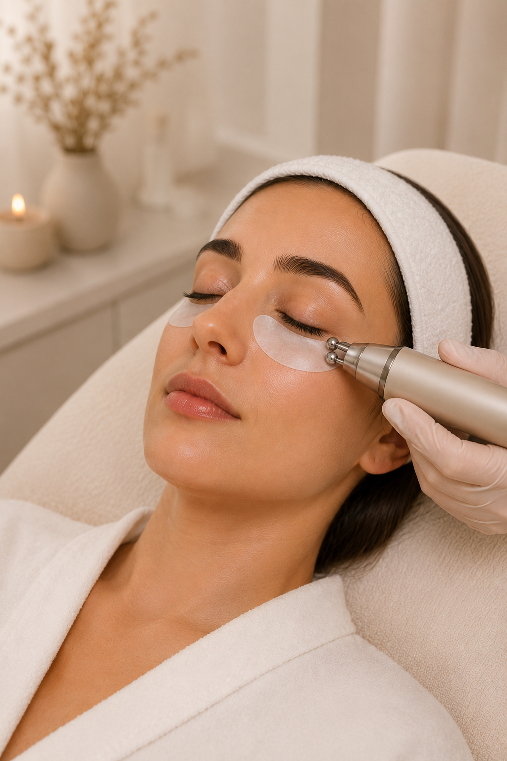 Mulher recebendo tratamento facial com equipamento de produção de ondas de energia, enquanto está de olhos fechados, com toalha na cabeça e roupa branca, em ambiente de spa ou clínica de estética.