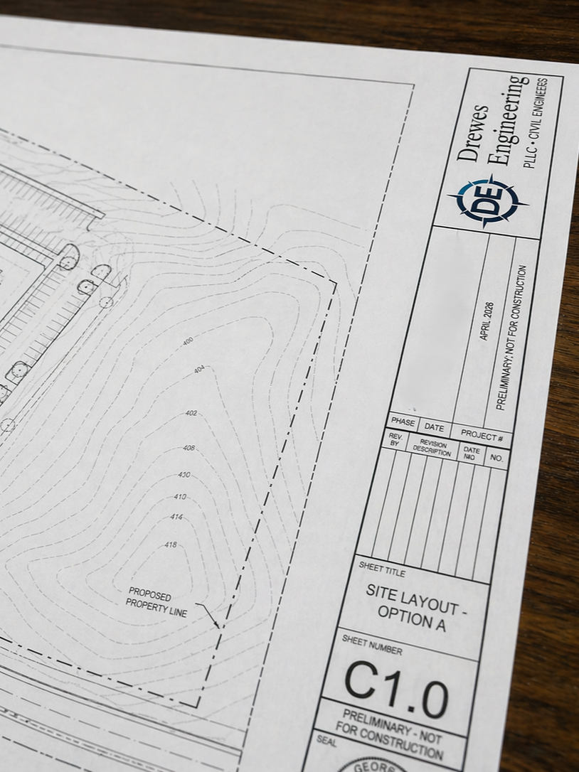 Civil site layout plan for a project showing property lines, proposed property lines, and topographical contour lines.