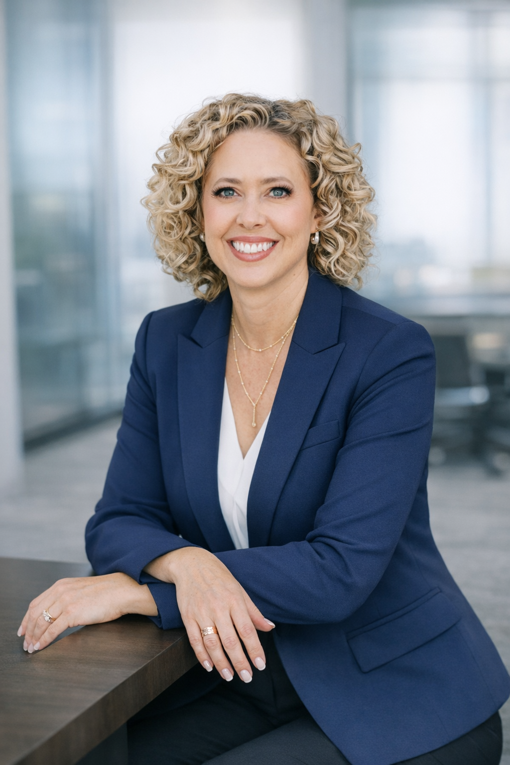 A professional woman with blonde curly hair, wearing a navy blue blazer and gold jewelry, smiling and sitting at a desk in a modern office with large windows.