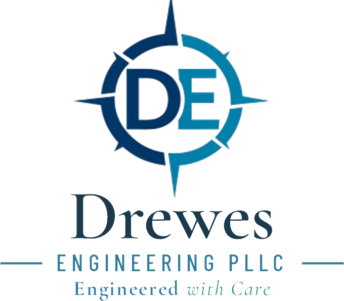 Logo for Drewes Engineering Inc. featuring a compass design with the initials 'DE' and the company name below.