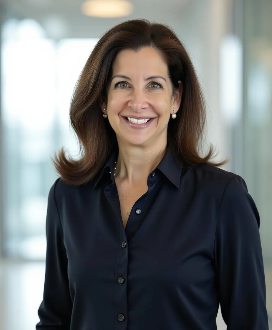 A smiling woman with shoulder-length brunette hair wearing a black button-up shirt and earrings, standing indoors with blurred background.