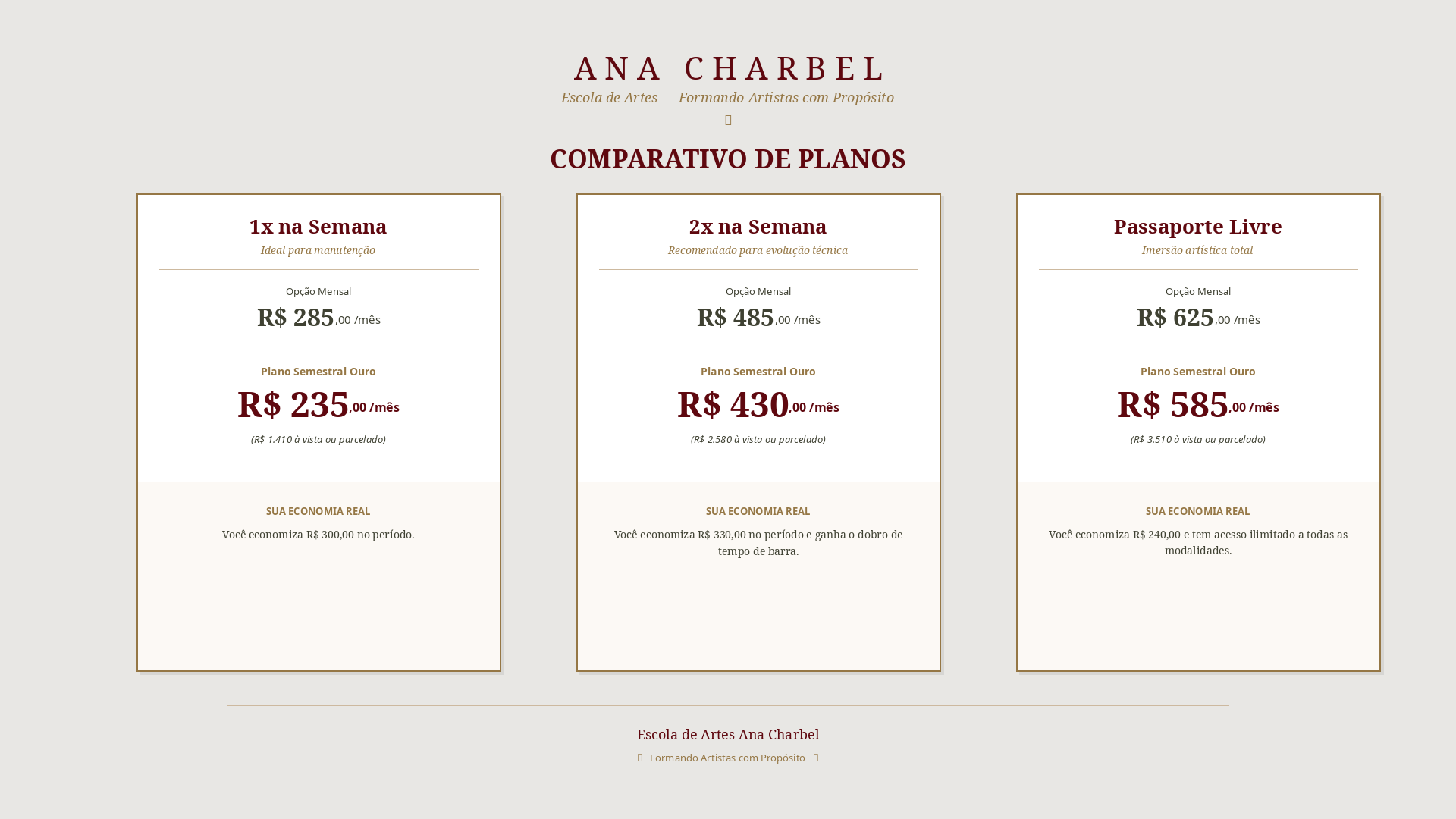 Página de um site de escola de artes chamada 'Ana Charbel', mostrando planos de aulas com preços mensais e semestrais para diferentes modalidades: semanal, duas vezes por semana e passaporte livre, com detalhes e preços destacados em reais.