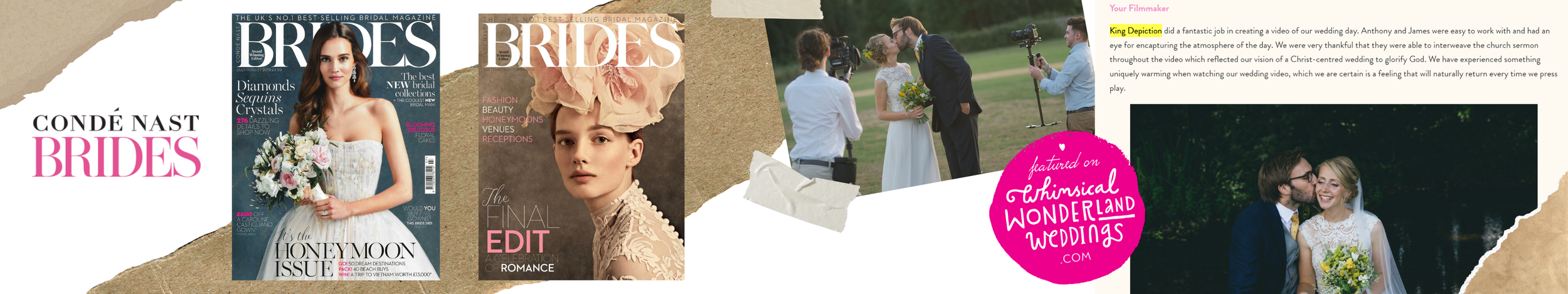 Collage of wedding magazine covers, a wedding ceremony scene with a bride and groom, and a couple kissing outdoors, with text and graphics promoting wedding content.