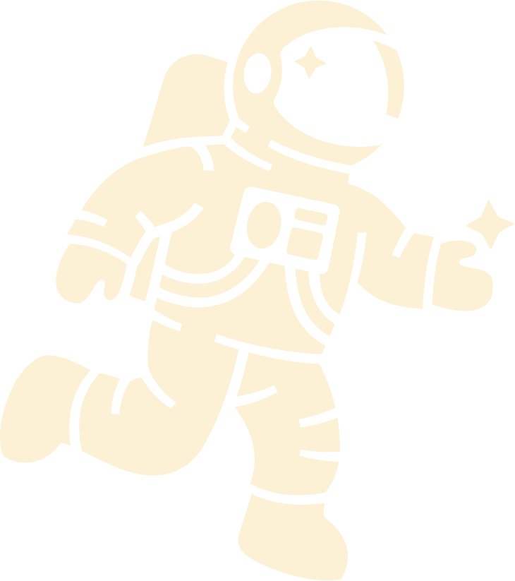 Illustrated astronaut character — Imagination Factory brand mascot representing curiosity and exploration