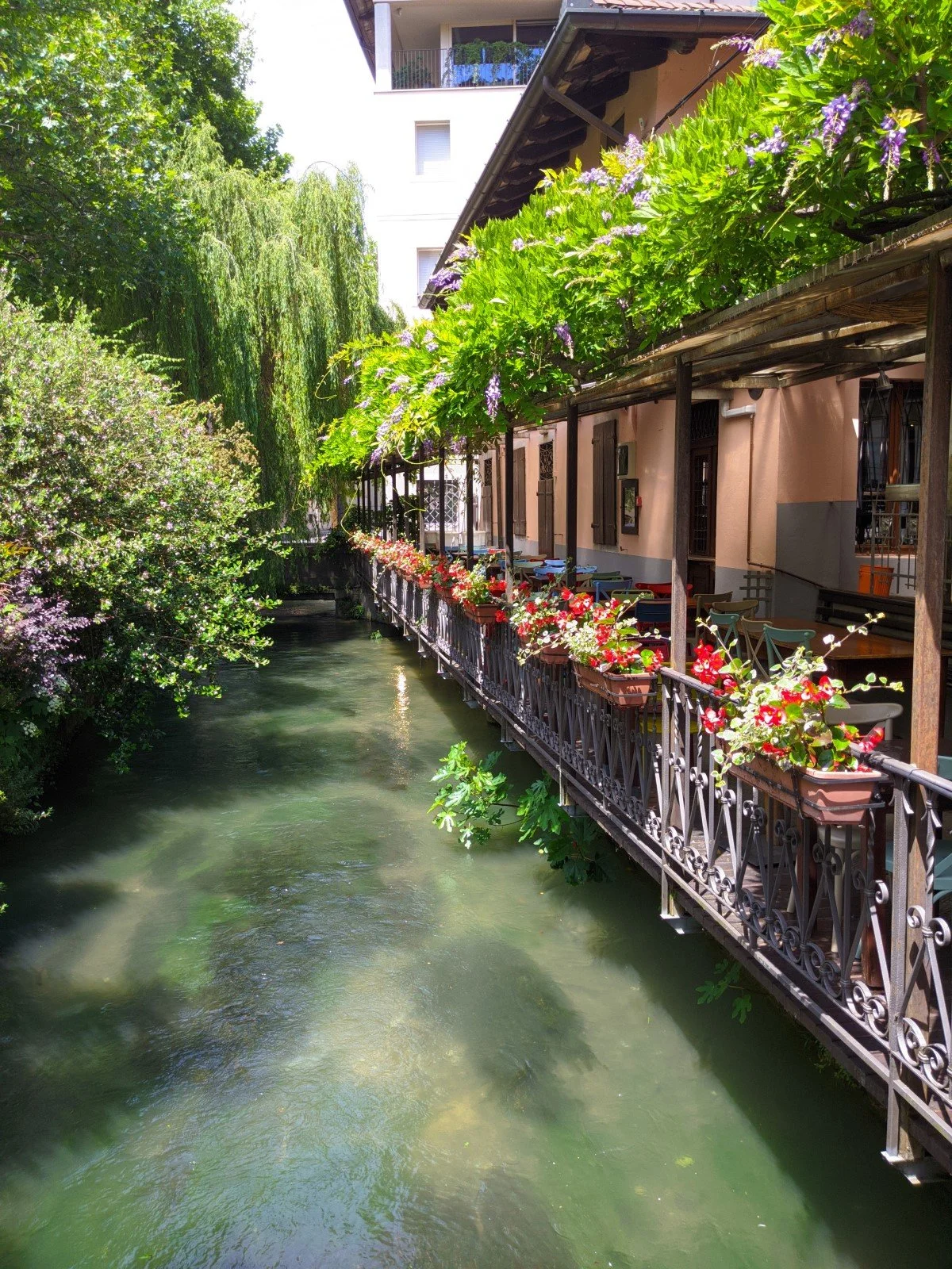 Canal and flower-draped balconies in Udine, capital of Friuli-Venezia Giulia, northeastern Italy.