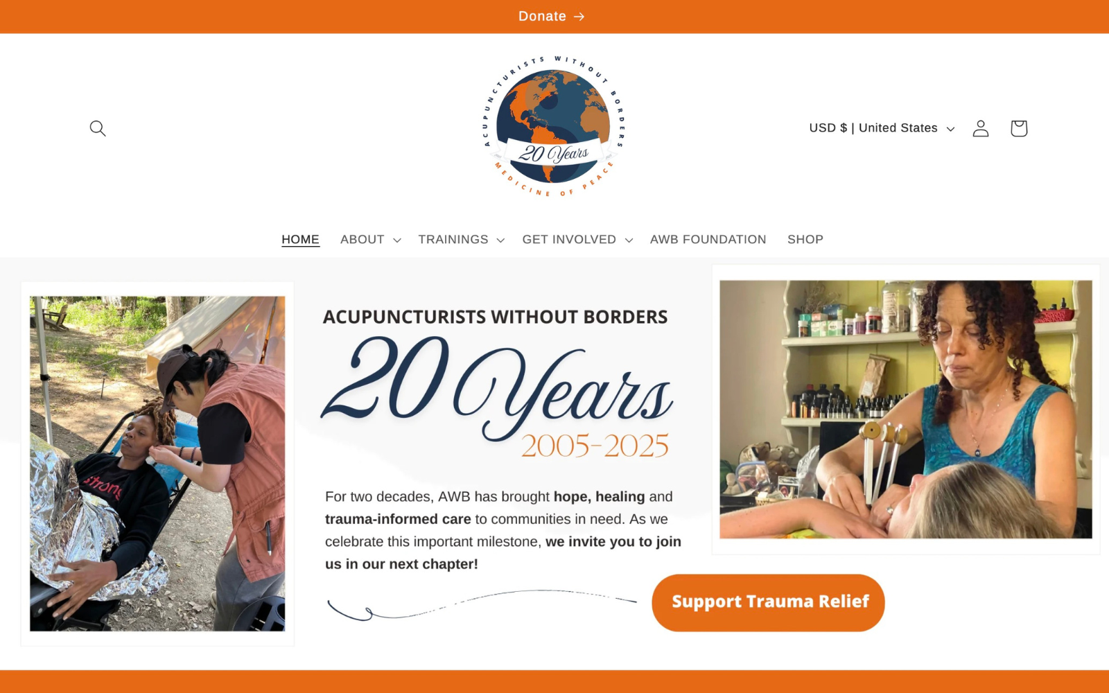 A webpage for Acupuncturists Without Borders with images of acupuncture treatments and a support button labeled "Support Trauma Relief."