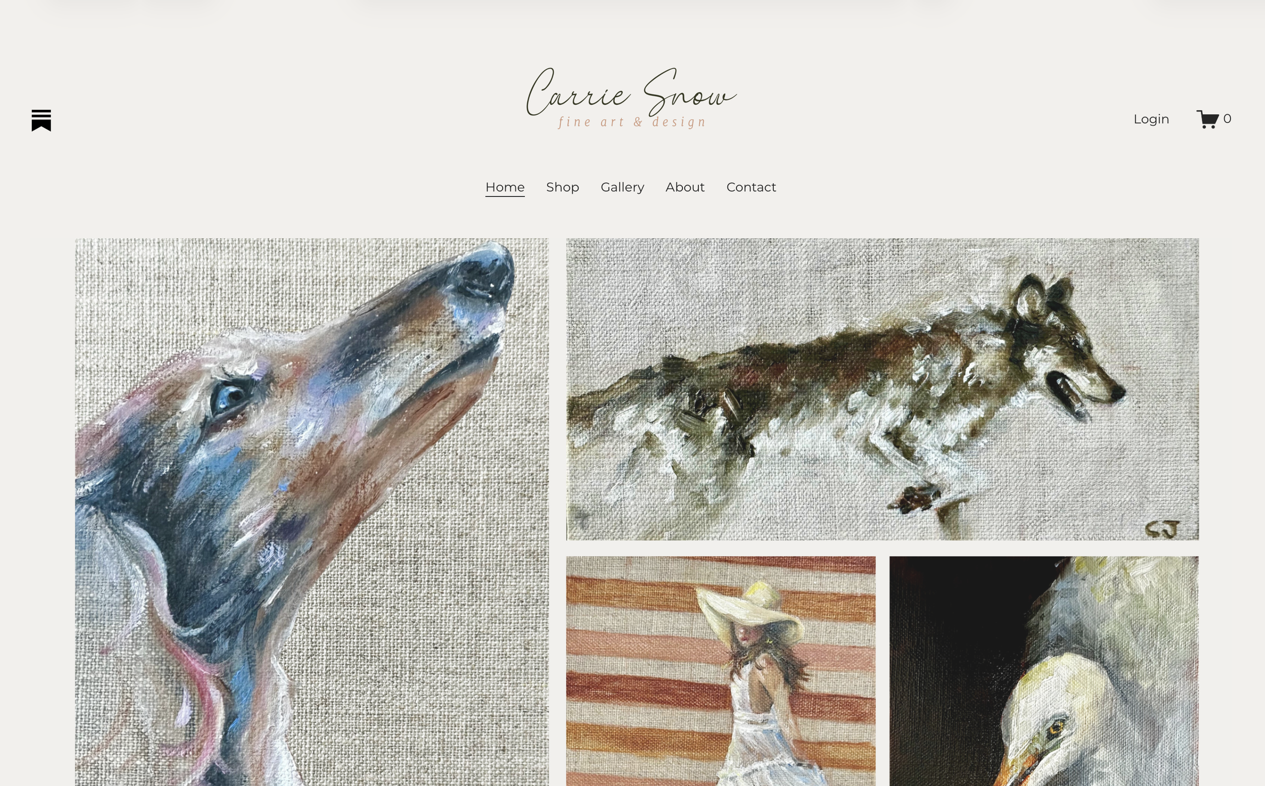 Online art gallery webpage featuring paintings of animals and a girl with an American flag background.