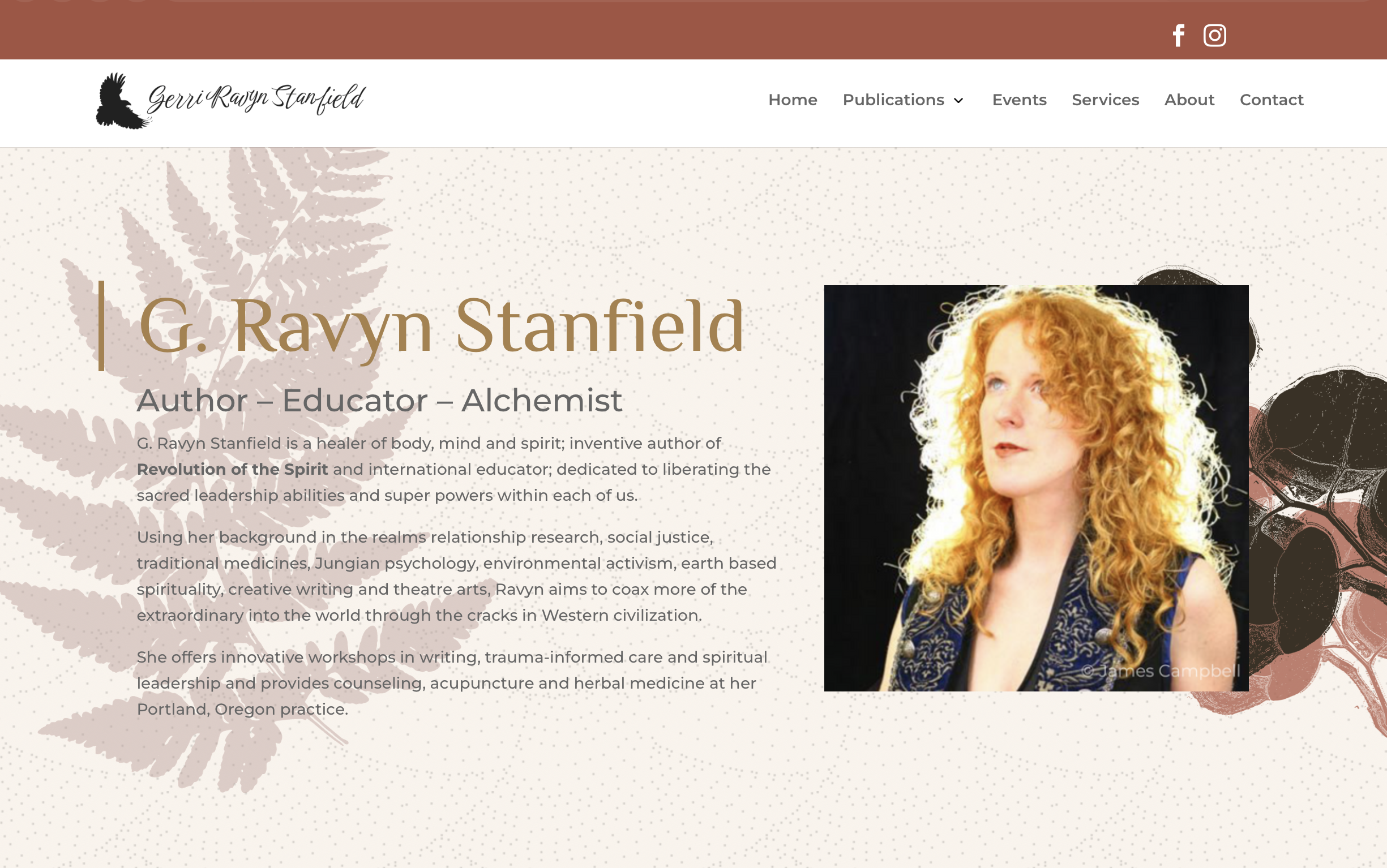Screenshot of a personal website homepage for G. Ravyn Stanfield, featuring a header with social media icons, a large header image of a woman with curly red hair, and introductory text describing her as an author, educator, and alchemist.