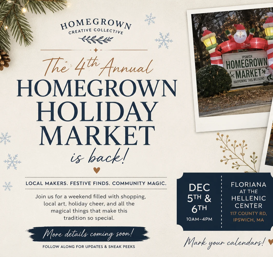 Graphic with tan background and evergreen in two corners with the text "Homegrown creative collective" and 'The fourth Annual Homegrown Holiday Market is back!', there are a few snowflakes around the graphic.