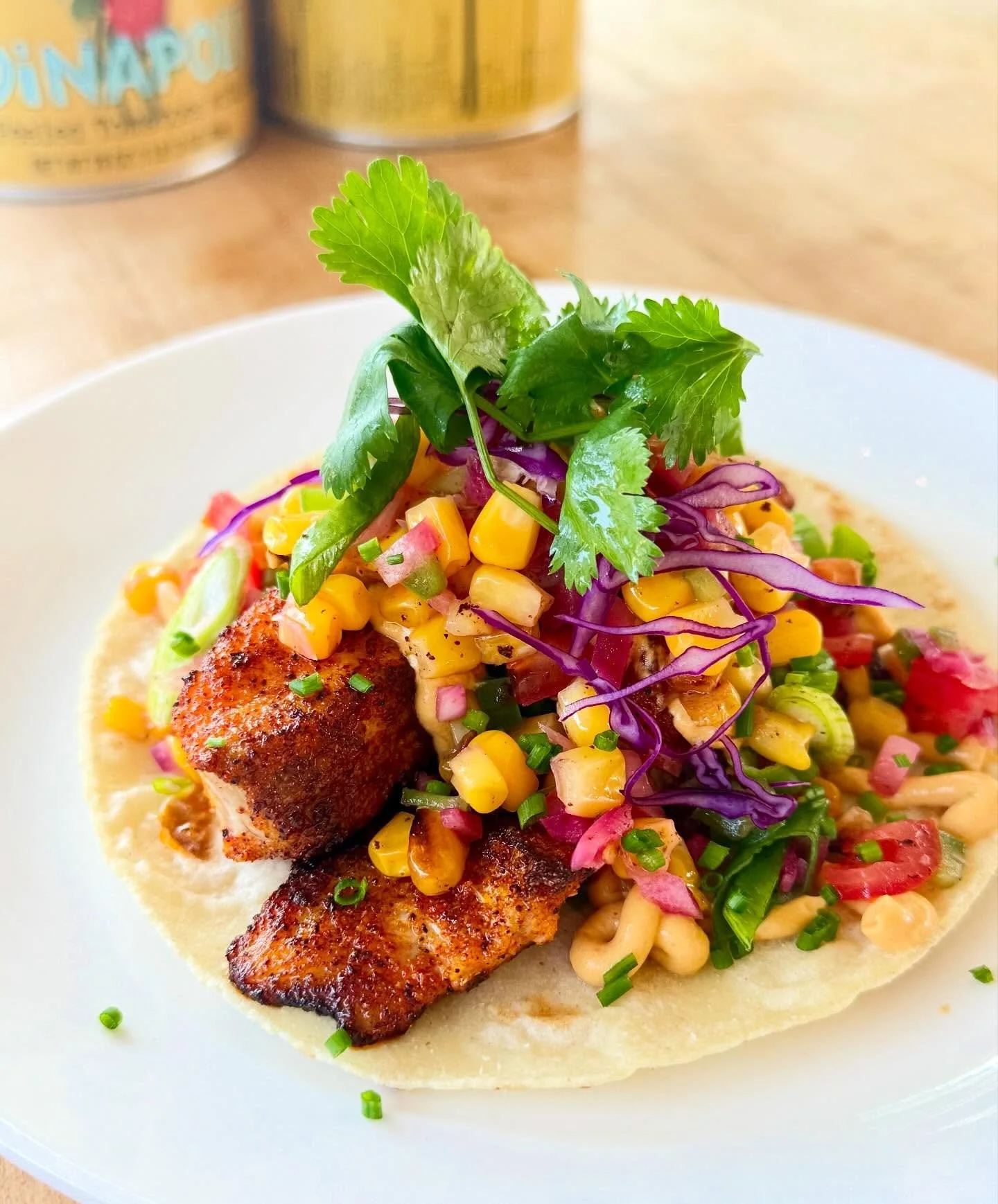 Local &amp; Wild halibut fish tacos sourced from @tunaharbordocksidemkt 💜🌮 served on a housemade organic masa tortilla with an elot&eacute; pico de gallo! Follow us here or @eatlittlerays (we are transitioning our caf&eacute; name to Little Ray&rsq