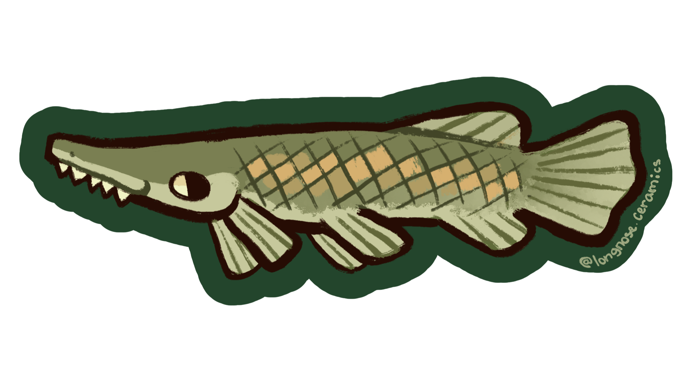 Illustration of a fish with detailed scales, fins, and sharp teeth, set against a dark background.