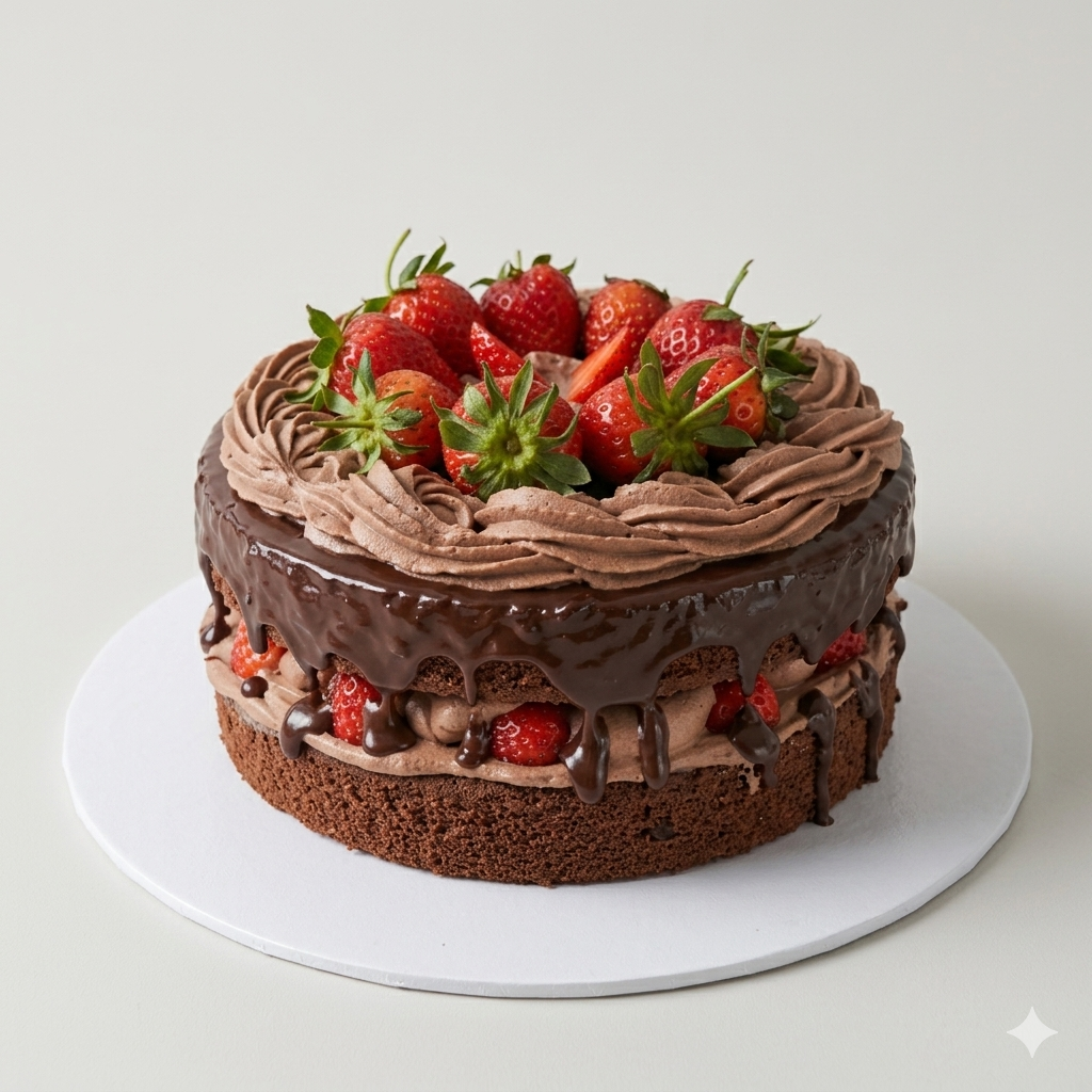 Chocolate cake topped with strawberries and chocolate frosting, with additional strawberries and chocolate drizzle on the sides, placed on a white cake board.