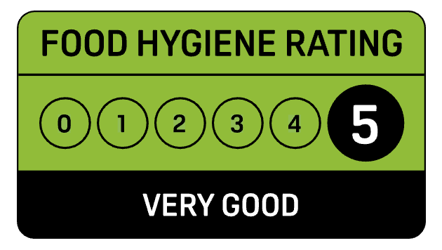 Food hygiene rating label showing a score of 5, indicating 'Very Good' hygiene standards.