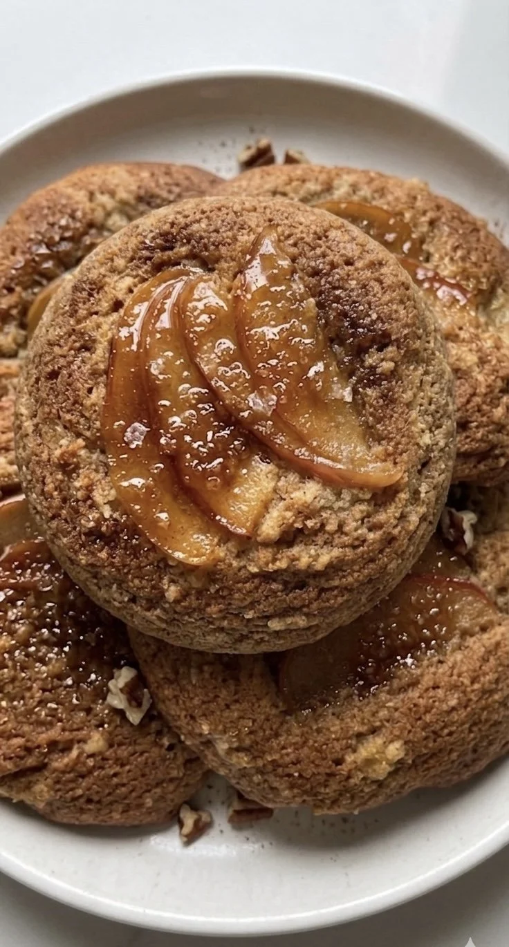 A close-up of four caramel apple cookies topped with caramelized apple slices on a white plate.