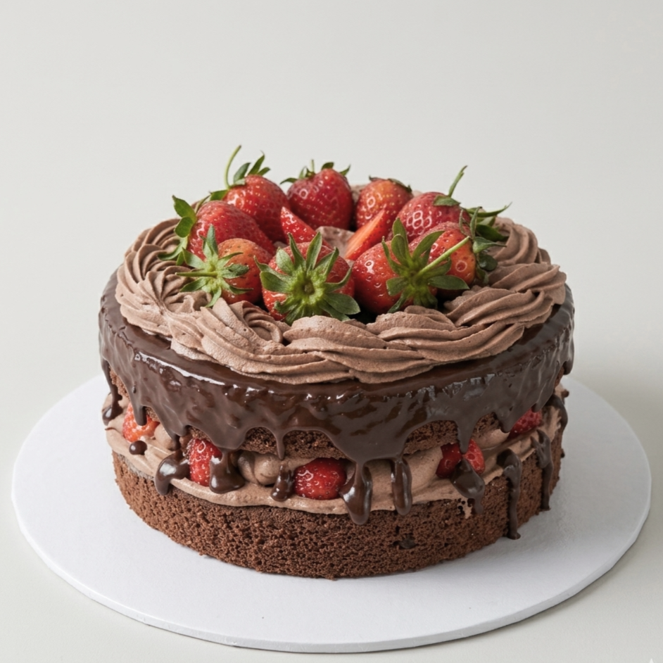 Chocolate cake topped with strawberries and chocolate frosting, decorated with chocolate drizzle and chocolate piped borders on top
